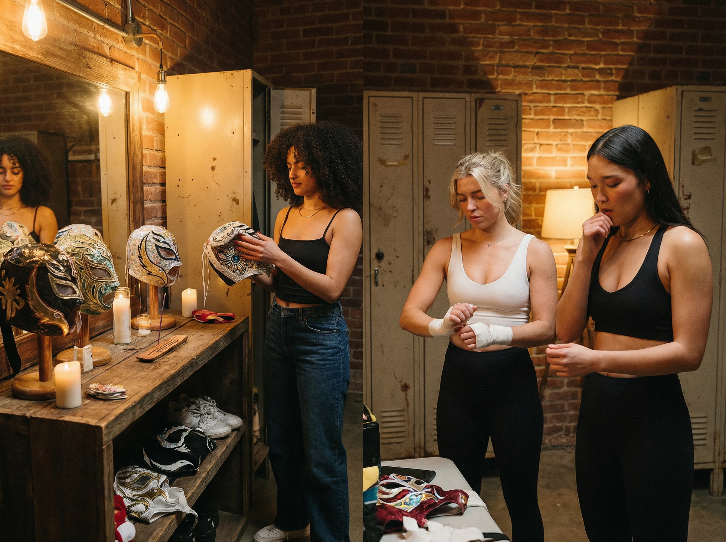 SCENE 2 — LA MÁSCARA: Backstage Locker Room Altar